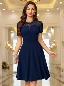 MIUSOL Contrast Lace Sleeve Prom Party A-Line Dress