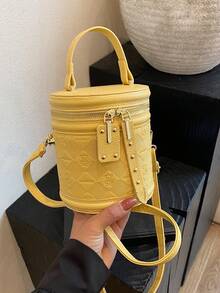 2024 Mini Red Color Contrast Handbag, Stylish Solid Color Women Cylinder Shoulder Crossbody Bag - Yellow - View 8