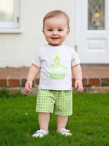 1st Birthday Outfit Set - Cupcake  Number Embroidered Tee + Plaid Shorts  Baby Boy/Girl Party Clothes 6-18M - Green - View 5