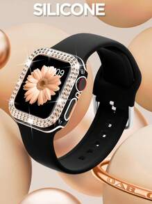 2pcs/Set Women Soft Silicone Sport Watch Strap Comfortable Adjustable Waterproof Wristband & Rhinestone Decor Glamorous Hollowed Out Anti-Fall Protective Case, Compatible With Apple Watch Band 40/41/42/44/45/46/49mm, Compatible With Apple Watch Series Ultra/SE/10/9/8/7/6/5/4, Intelligent Watch Accessories