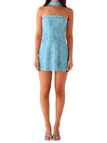 Women Mini Dress Floral Print Tube Dress Summer Fashion Backless Casual Strapless Dress With Choker Scarf - 藍色 - 查看 6