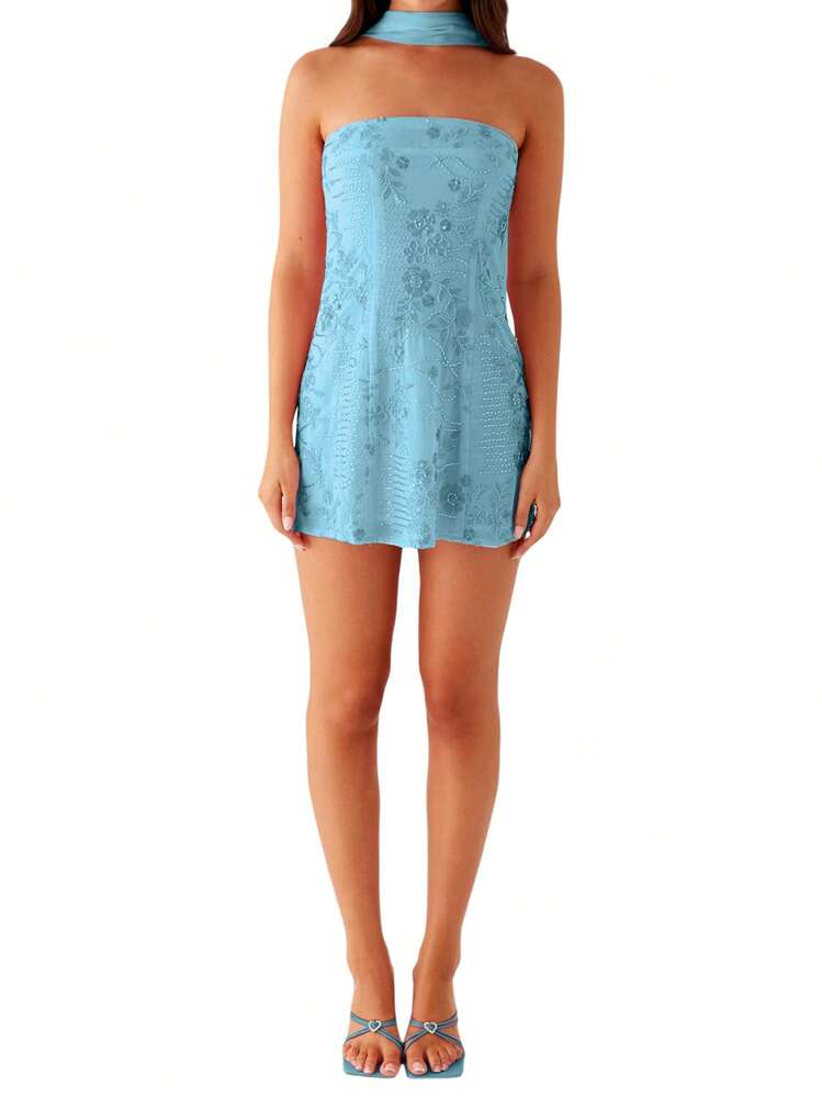 Women Mini Dress Floral Print Tube Dress Summer Fashion Backless Casual Strapless Dress With Choker Scarf - 藍色 - 查看 6