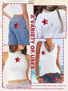 6pcs Red Sequin Five-Pointed Star Pattern Cloth Patches, Cartoon Style Embroidery Sew-On Applique Decals, DIY Craft For Clothes, Shoes, Bags And More - Red - View 6