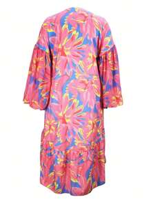 Women's Summer Chiffon Floral Print Kimono/Coverup, Long Sleeve, Asymmetrical Hem, Suitable For Outdoor, Beach, Vacation