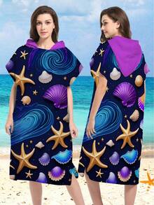 1pc Soft Microfiber Printed Hooded Beach Robe With Starfish & Shell Pattern - Suitable For Beach, Home Decor, Gifts For Men, Women, Couples - Beach & Holiday Wear, Couples Cloak Back To School - Multicolor - View 2