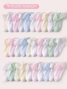 3/5/10/15pcs Kids Candy Color Lace Trim Socks, Fresh & Fashion, Skin-Friendly Breathable Casual Mesh Socks, Suitable For Daily Wear, Vacation, Holidays, Back To School, Random Color & Style