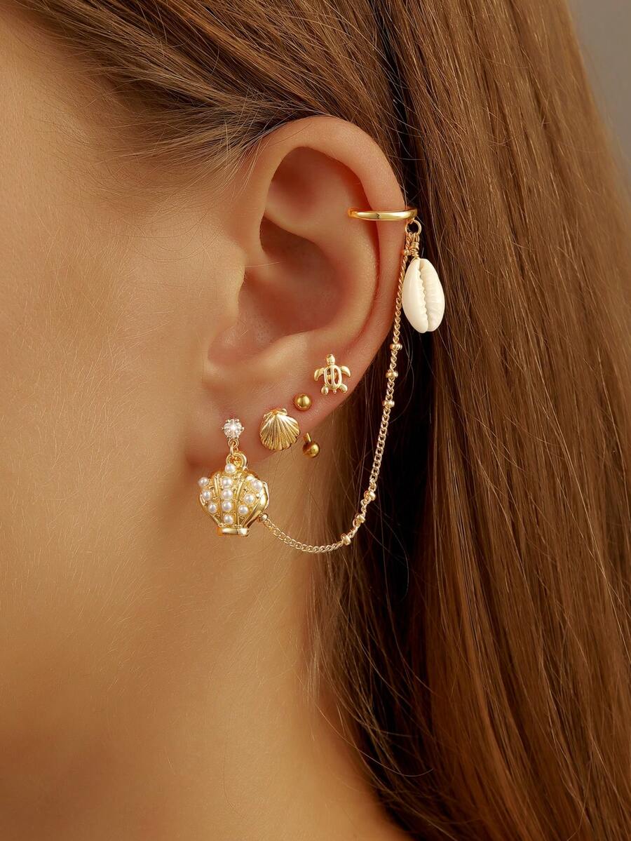 Set de 4 piezas de aretes con forma de estrella de mar para mujeres, estilo de vacaciones de playa con conchas, joyería bohemia - Multicolor - Ver 1