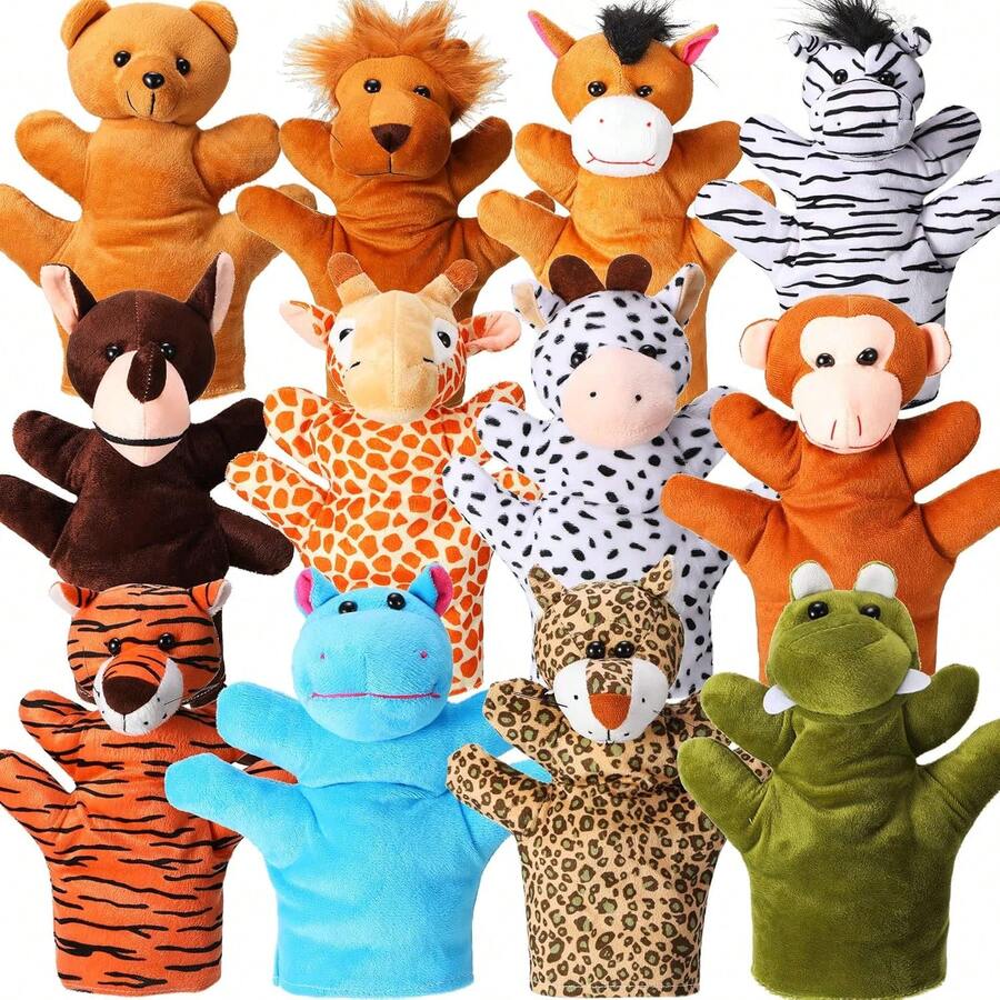 12 Pcs Hand Puppet Zoo Animal Plush Puppets Cute Animal Hand Puppets Plush Pretend Toys Educational Toys With Tiger Lion Bear Leopard Design For Telling Story Teaching Role Play(Cute)