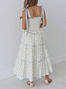 Women Summer Floral Spaghetti Strap Dress Y2K Flowy Smocked Tie Up Shoulder Boho Maxi Flowy Swing Dress Beach Sundress - 彩色 - 查看 3