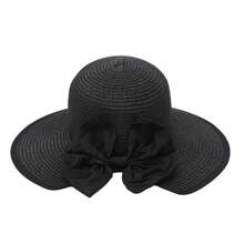 Chapeau de paille pour femmes, grand bord pliable avec nœud papillon, ouverture sur le dessus pour queue de cheval, style unique et chic, mode coréenne pour l'été