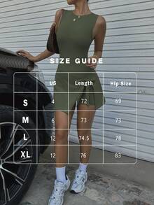 FWH 2 In 1 Anti-Wardrobe Malfunction Casual Elegant Golf Tennis, Sleeveless Everyday Basic New Stylish Waist-Tucking High-End Slimming Sexy Figure-Hugging College-Style Backless Tight Sports Fitness Tie-Waist Yoga Dress - Green - View 3