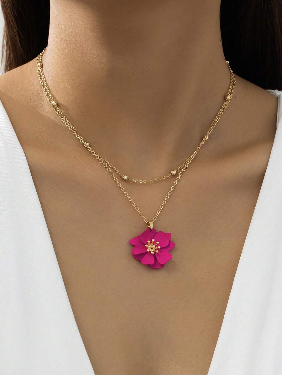 1 chiếc vòng cổ mặt hoa 5 cánh bất đối xứng hình cô gái năng động mùa hè Dopamine màu hồng dành cho nữ, thích hợp để đeo khi đi du lịch/nghỉ dưỡng/hàng ngày (Sản phẩm này không chống thấm nước, vui lòng cẩn thận khi đeo và tháo ra khi bơi hoặc tắm. Chuỗi hạt được làm thủ công, số lượng hạt ngẫu nhiên và chiều dài cố định là chủ yếu) - Màu Hồng Tươi - Xem 1