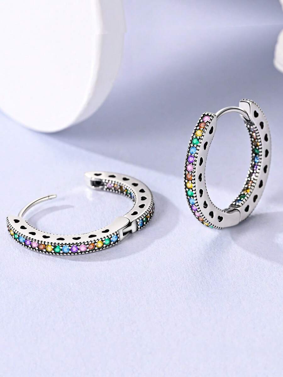 925 Sterling Silver Women's Hoop Earrings With Colorful Cubic Zirconia, Hypoallergenic High Quality Classic Elegant Jewelry Gift, Suitable For Daily, Party, Banquet - Silver - View 1