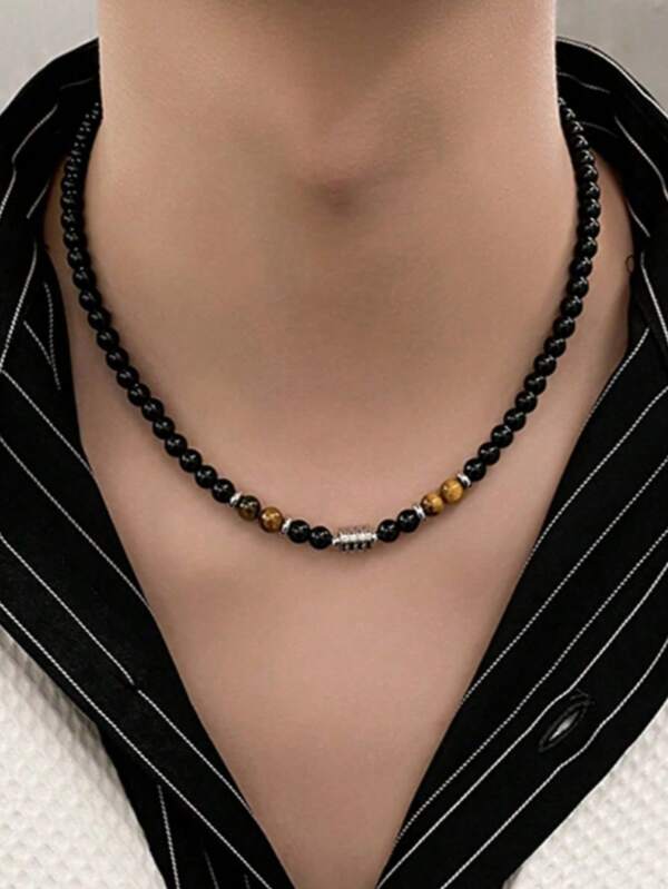 1 Pc 6mm Natural Stone Beaded Necklace Hip-Hop Stainless Steel Accessories OT Buckle Design Waterproof Men's Beaded Necklace Suitable For Daily Wear Or Holiday Gifts