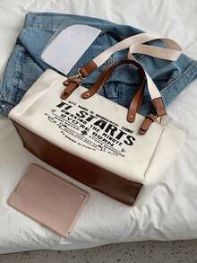 Borsa a tracolla riutilizzabile da donna con stampa a lettere, borsa casual in tela, borsa da scuola o spesa di grande capacità, extra large e rinforzata, borsa da donna, borsa da viaggio in tela