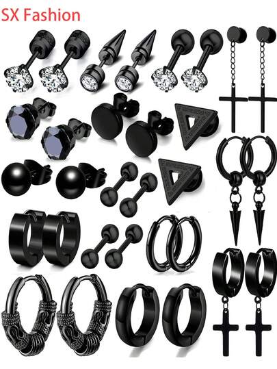 [Pendientes de estilo punk] Juego de 16 pares de pendientes para hombres - Pendientes colgantes de aro y pendientes de cruz de acero inoxidable negro, joyería de piercing de moda para cumpleaños, fiestas y talla grande