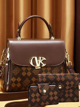 三件套复古 PU 斜挎包，复古旋锁单肩包，女士时尚手提包和钱包