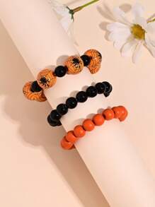 3pcs Gothic Goth Horror Blood Hand Skull Pumpkin Spider Print Wooden Bead Bracelet, Punk Style Elastic Wrist Strap, Unisex, Suitable For Halloween Party Holiday Gift