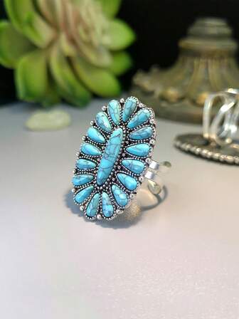 1 pieza Anillo vintage ajustable de tamaño con turquesa multicolor para mujer