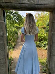 Vestido de campesina elegante y vintage con volantes de unicolor para primavera y verano - Azul - Ver 10