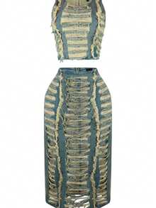 HERTALK Skirt Sets Women 2 Piece Outfits Denim Ripped Distressed Sleeveless Crop Tank Tops And Split Maxi Skirt Set - 黃色 - 查看 3