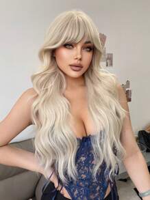 1-Piece Synthetic Heat Resistant Long Curly Wavy Hair With Bangs Wig Golden 28 Inch Fully Machine Woven Daily Natural Realistic Wig