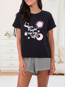 Set de 2 piezas de pijama informal de verano para mujer con estampado de letras, manga corta y pantalones cortos sueltos