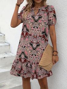 Women Elegant V-Neck Circle T-Shirt Dress, Tropical Print, 100% Polyester Non-Stretch Fabric, Ruffle Hem Detail, Suitable For All Seasons, Paisley Floral Print Bohemian Button Ruffle Hem - Casual Holiday Style