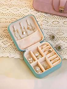 1pc Travel Jewelry Box, Small PU Leather Jewelry Organizer Suitable For Women & Girls, Double-Layer Portable Mini Travel Case For Storing Earrings, Rings, Necklaces