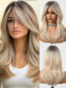 20英寸金色渐变卷发假发，带刘海，耐热合成假发，优雅直发造型，适合女性日常佩戴、派对和角色扮演 - 挑染金色 - 查看 2