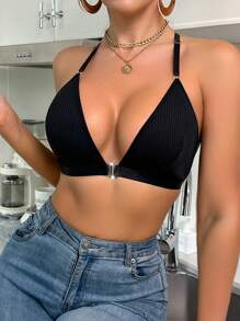 1 pieza Camiseta sin mangas negra pura con cierre delantero acanalado para mujer