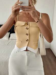 2025 Summer Fashion Color Block Hem Casual Front Button Blazer Top Women - Khaki - View 3