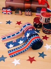 1 pieza Cinta con borde de estrellas y rayas patrióticas hecha a mano para decoración del Día de la Independencia, cinta decorativa para hacer moños, decoraciones con tema patriótico para decoración del hogar, envoltura de regalos, decoraciones navideñas