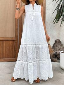 Women's Elegant Vacation Casual Everyday Solid Color Hollow Laser Cut Embroidery Splice Fringe Sleeveless V-Neck Layered Maxi Dress, Summer