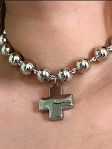 ZIRUISP 1件朋克风钛钢银珠十字架吊坠项链，适合女性日常佩戴，基督教信仰饰品，洗礼礼物 - 銀色 - 查看 2