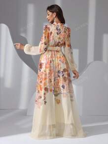 Women's Lantern Sleeve Elegant Floral Print Random Cut Arabic Style Dress