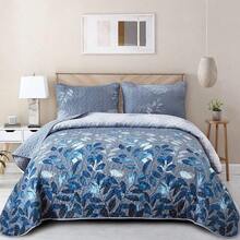 3 Pieces Navy Blue Floral Bedspread Coverlet Set Queen Size, Soft Microfiber Lightweight Grayish Blue Gradient Floral Bedding Set 96"X90" - Blue - View 1