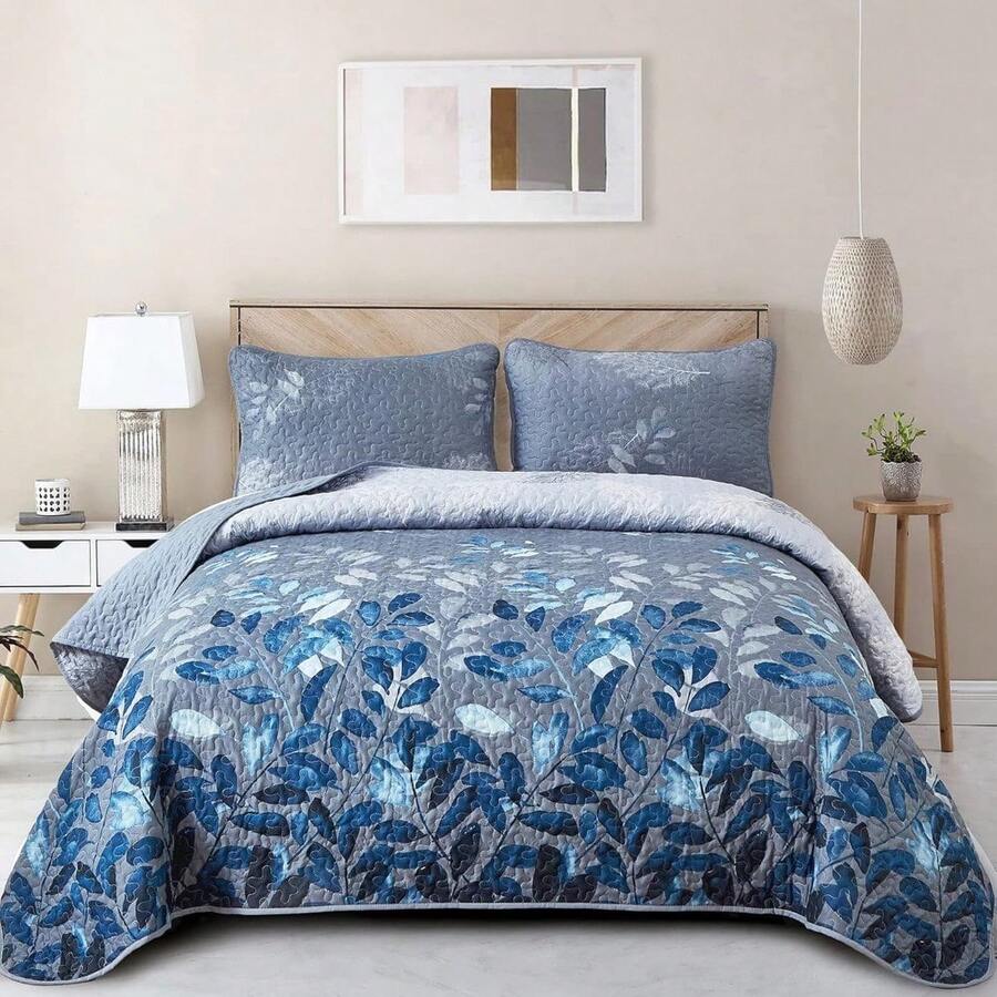 3 Pieces Navy Blue Floral Bedspread Coverlet Set Queen Size, Soft Microfiber Lightweight Grayish Blue Gradient Floral Bedding Set 96"X90" - Blue - View 1