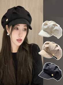 Women's Fashion Pleated Cloud Beret Hat, Retro Octagonal Peaked Newsboy Artist Cap