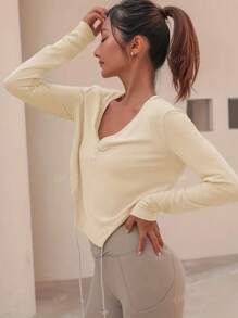 Solid Color V-Neck Long Sleeve Tie Front Fashionable T-Shirt