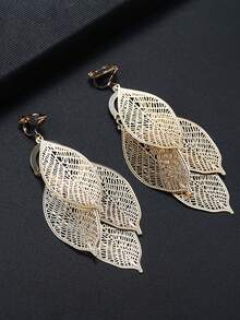 2pcs Vintage Style Gold Tree Leaf Clip-On Earrings, Fashion Design Personalized Earrings For Women Without Pierced Ears - Gold - View 5