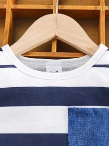 2 Stücke Baby Jungen Lässig Gestreiftes Kurzarm Top und Denim-ähnlich bedruckte Lange Hose Outfit, Sommer