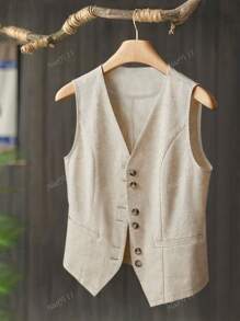 Blazer corto senza maniche monopezzo in finta lino bicolore da donna per l'estate