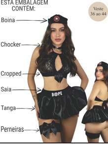 Fantasia Sexy luxo BOPE SENSUAL CETIM Conjunto Langerie Policial saia Cropped calcinha fio chocker completa