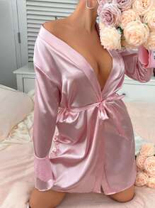 1 pieza Bata de casa negra de manga larga casual, cómoda y transpirable, sexy con lazo, Bata de casa para las cuatro estaciones: verano, otoño, invierno. Vuelta al colegio