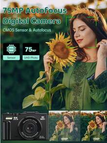 [2 块电池 + 32GB SD 卡] 5K UHD 视频博客相机，72MP 自动对焦数码相机，带 3 英寸翻转屏幕、WiFi、18 倍变焦，非常适合博主、创作者、旅行和社交媒体，非常适合复活节、生日礼物 - 彩色 - 查看 4