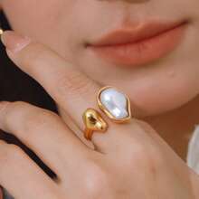 S SHOPBOHO 1pc Stainless Steel Finger Ring Chunky Jewelry Girls Party Outfit Large Irregular Faux Pearl Gold Ring