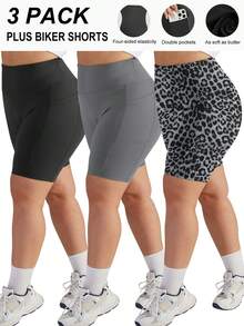 3 Pack Plus Size  1 Black 1 Gray Leopard Print 1 Brown Leopard Print Women's  Biker Shorts High Waist Yoga Workout Gym Running Volleyball Spandex Shorts With Pockets  Plus Size Biker Shorts For Women Black High Waisted Tummy Control Spandex Workout Shorts - 彩色 - 查看 1