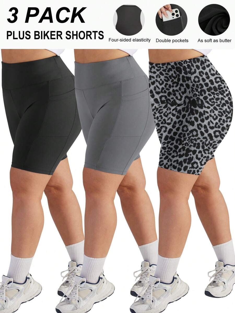 3 Pack Plus Size 1 Black 1 Gray Leopard Print 1 Brown Leopard Print Women's Biker Shorts High Waist Yoga Workout Gym Running Volleyball Spandex Shorts With Pockets Plus Size Biker Shorts For Women Black High Waisted Tummy Control Spandex Workout Shorts - 彩色 - 查看 1