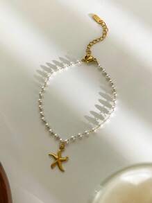 1 pieza Nuevo brazalete de acero inoxidable con colgante de estrella de mar, estilo playa de verano, joyería para mujer